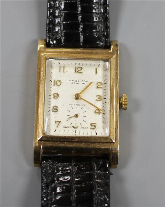 A gentlemans 1960s 9ct gold J.W. Benson manual wind wrist watch, with Arabic dial and subsidiary seconds,